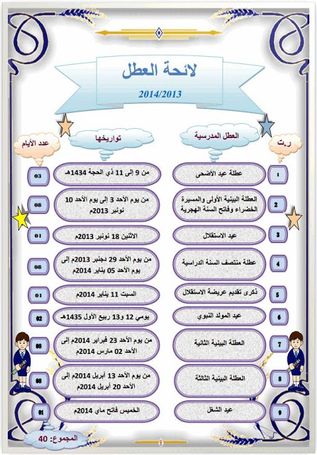 لائحة العطل بالتعليم المدرسي الموسم الدراسي 2013-2014