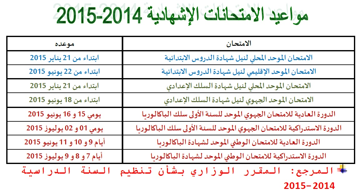 مواعيد الإمتحانات الإشهادية 2014-2015
