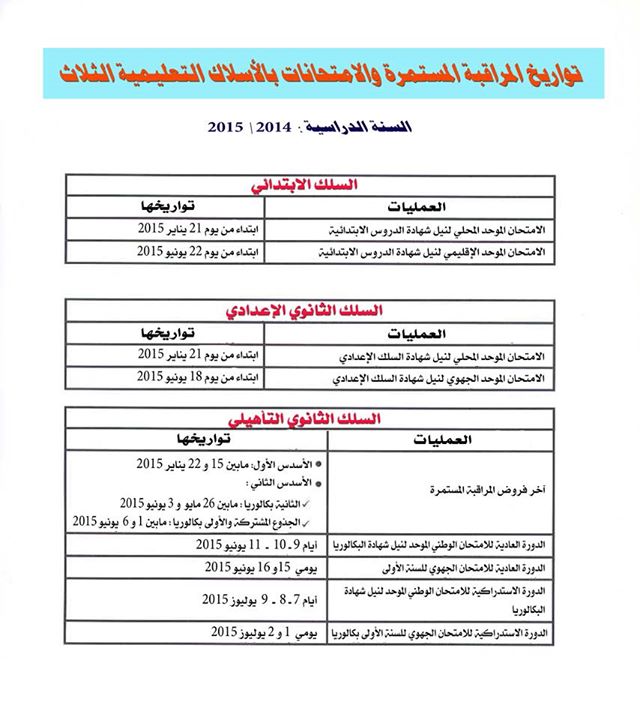 تواريخ المراقبة المستمرة والإمتحانات  2014-2015