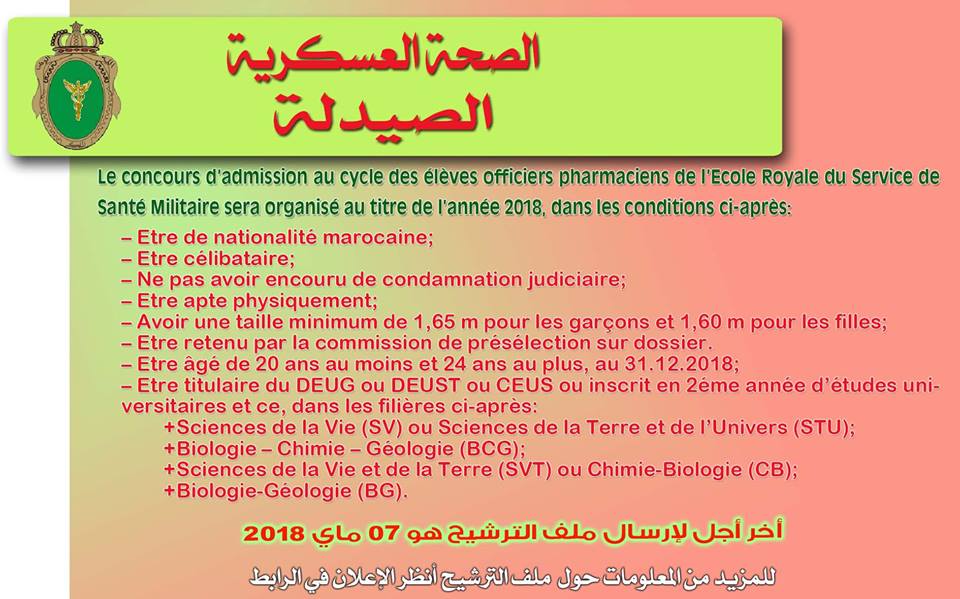 مباراة ولوج المدرسة الملكية لمصالح الصحة العسكرية تخصص الصيدلة