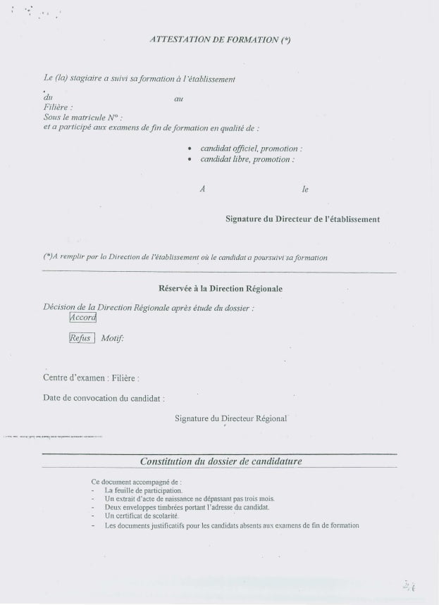 Attestation de Formation Candidat libre aux examens de fin de formation